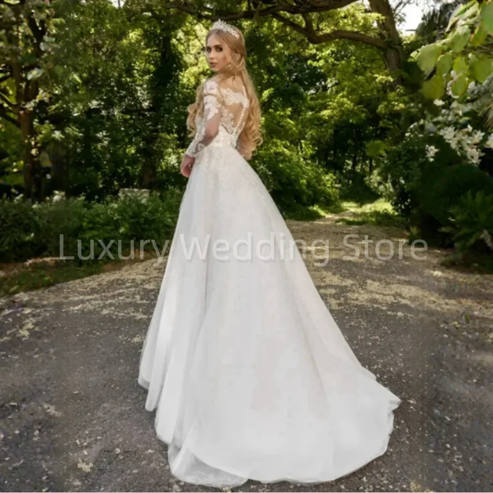 Exquisite Wedding Dresses Long Sleeves Lace Elegant Satin and Tulle Beaded Tiered Robes de Mariee Bride Dress Sexy African Gowns