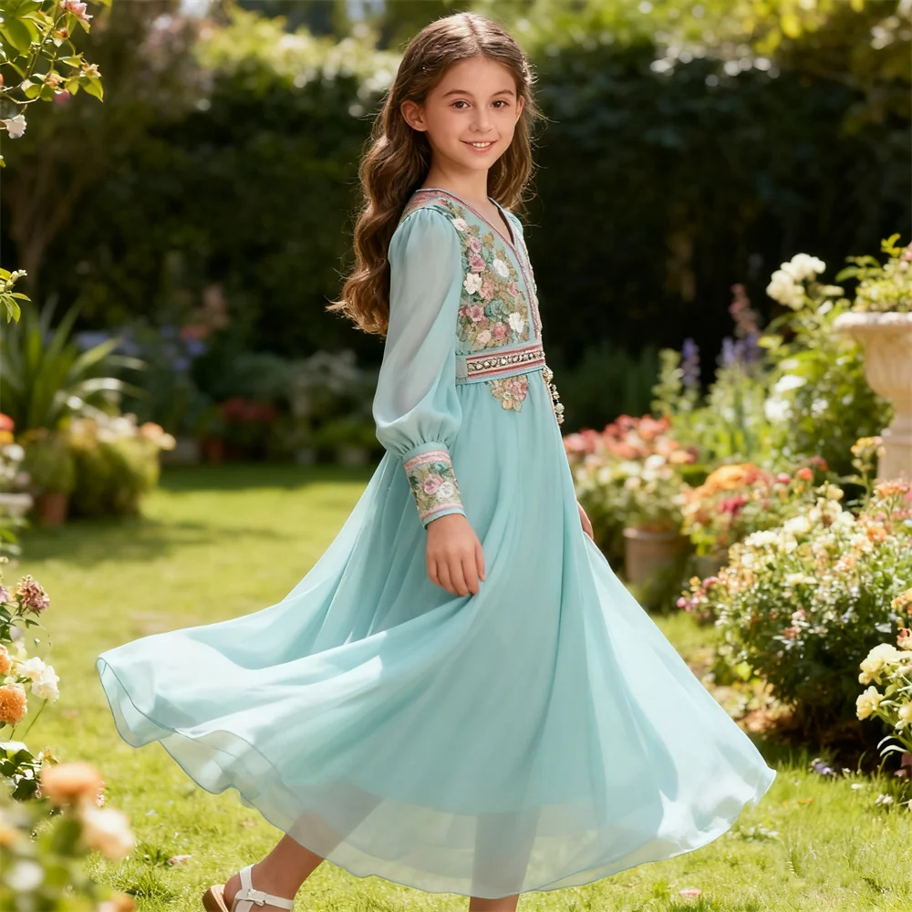 

Элегантные вечерние платья с вышивкой для девочек, марокко-кафтан, мусульманский детский халат, кафтан для Рамадана, арабское платье Абая в Дубае, Джалабия Джеллаба