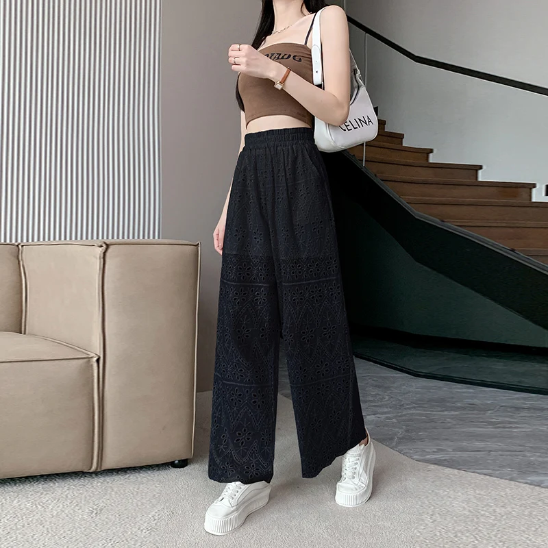 Lace Hollow-Out Casual Loose Wide Leg Trousers Female Large Size Summer High-Waist Slim Pants Korea Fashion Clothes For Women