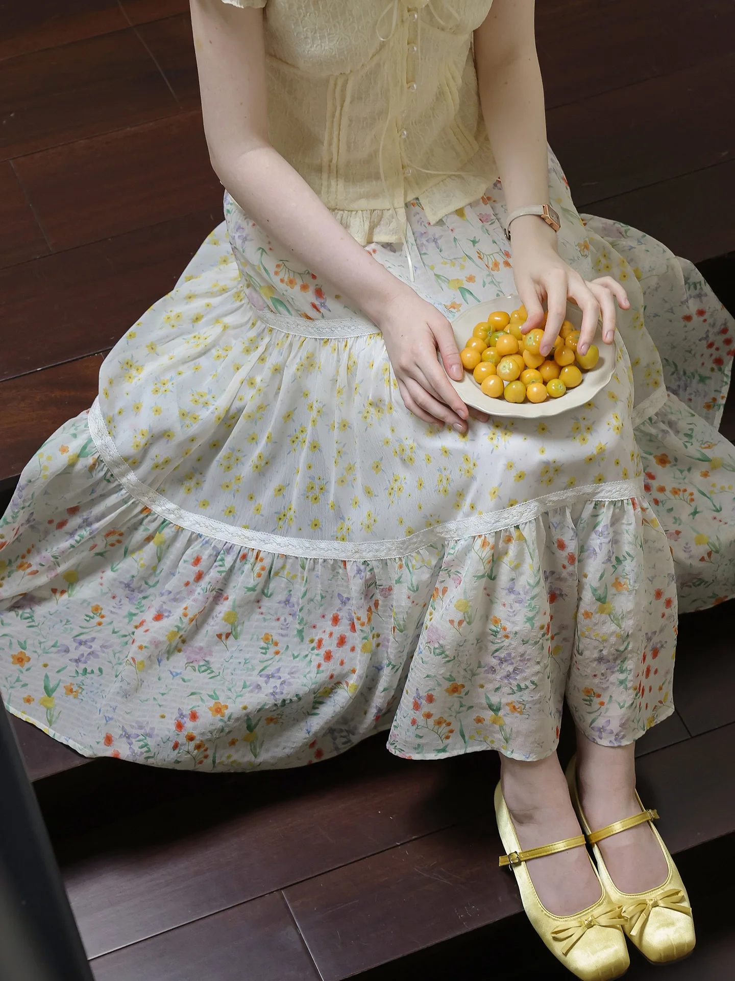 High Waist Floral Cake Half Skirt Midi Length Splice Fairy Skirt Breathable Skin-Friendly Commute Style Standard Fit A-Line S...