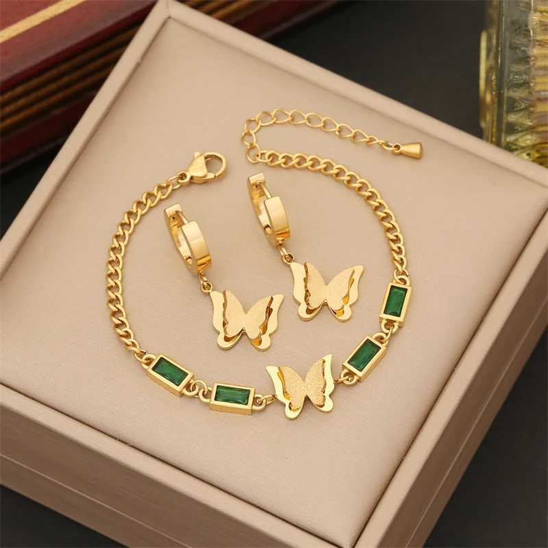 316L Stainless Steel New Fashion Fine Jewelry Set Colorful Zircon Butterfly Charm Chain Necklaces Bracelets Earrings For Women