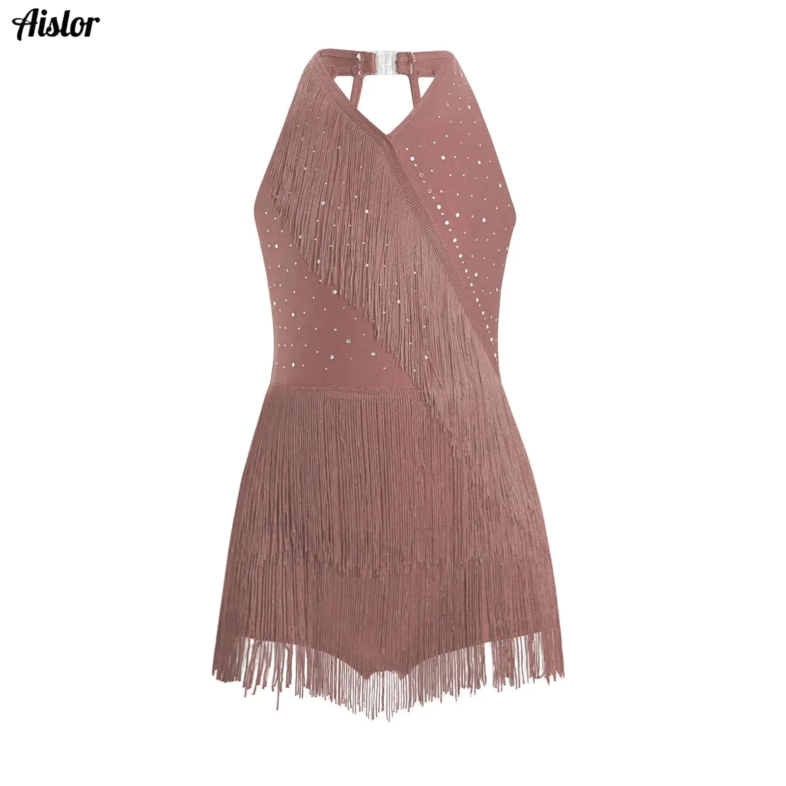 

Kids Girls Latin Dance Costume Glittery Rhinestones Fringe Leotard Dress Halter V-neck Sleeveless Strappy Back Tassel Jumpsuit