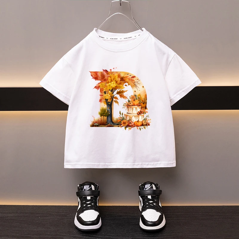 Maple Leaves Letter D Children T-shirt Kawaii Clothes for Girls T Shirt Anime Cartoons Casual Kid Boy Short Sleeve Tops New 2024