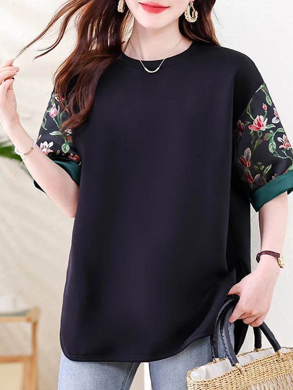 

Loose Floral Embroidery T-irt Casual ort Sve round Ne Large Size Women's Vintage Top Comfortable All-Match Summer Co...