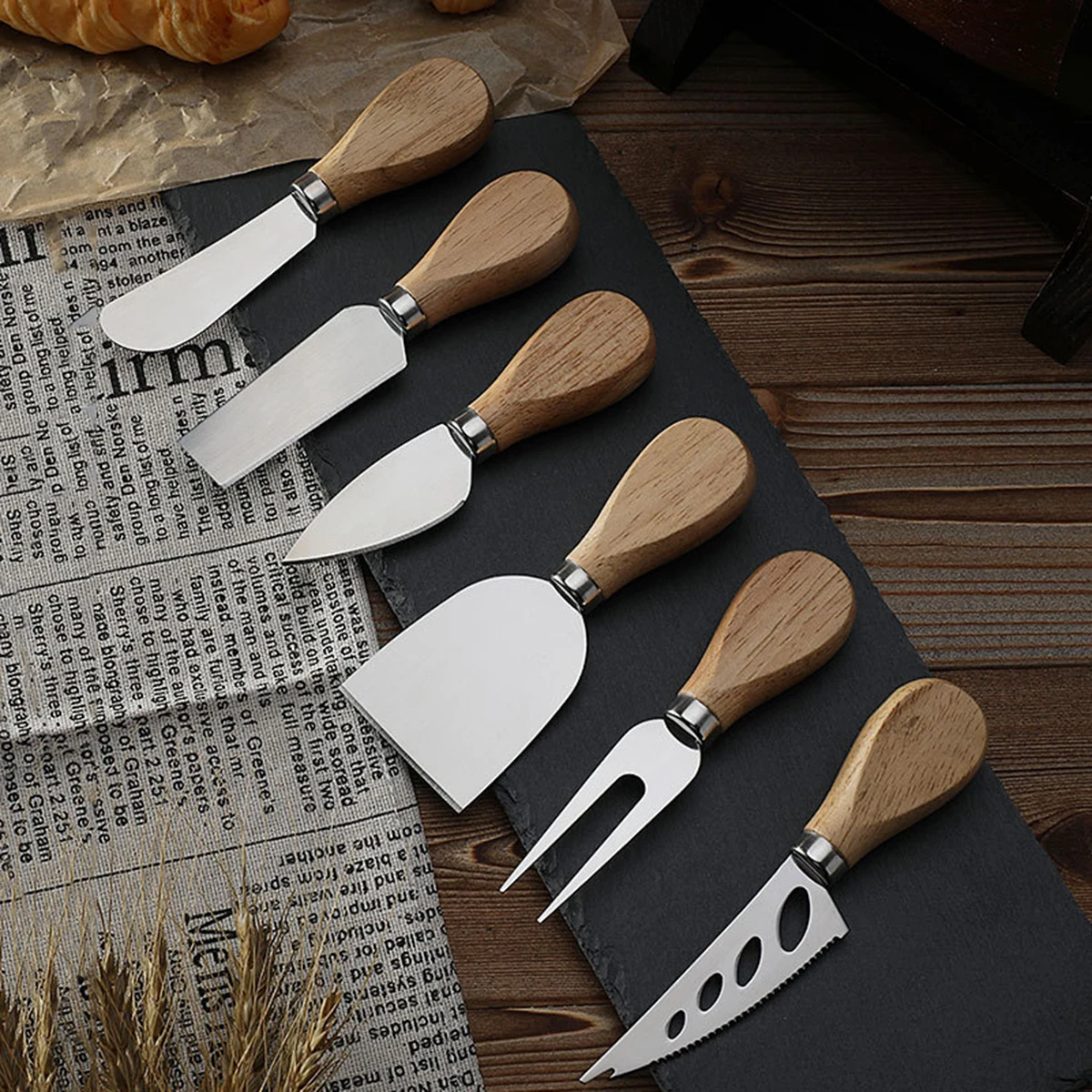 6-Piece Wooden Handle Stainless Steel Cheese Knife, Cheese Knife, Butter Knife, Pizza Knife, Cheese Fork, Butter and Cream