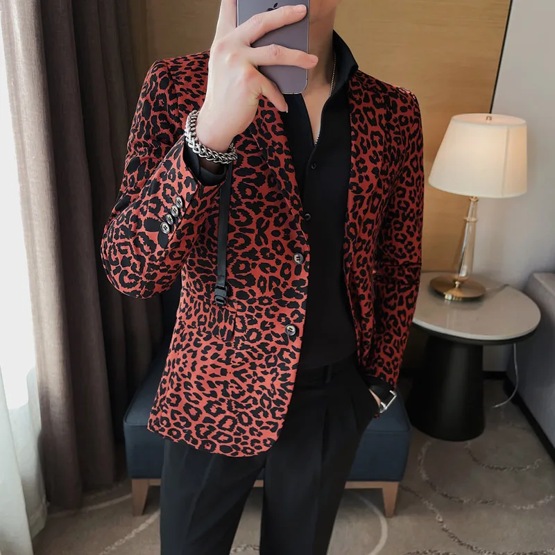 Leopard Print High-end Trend Suit Jacket Men\'s Slim Suit Two Single Row Suit Banquet British Fashion Handsome Casual Single West