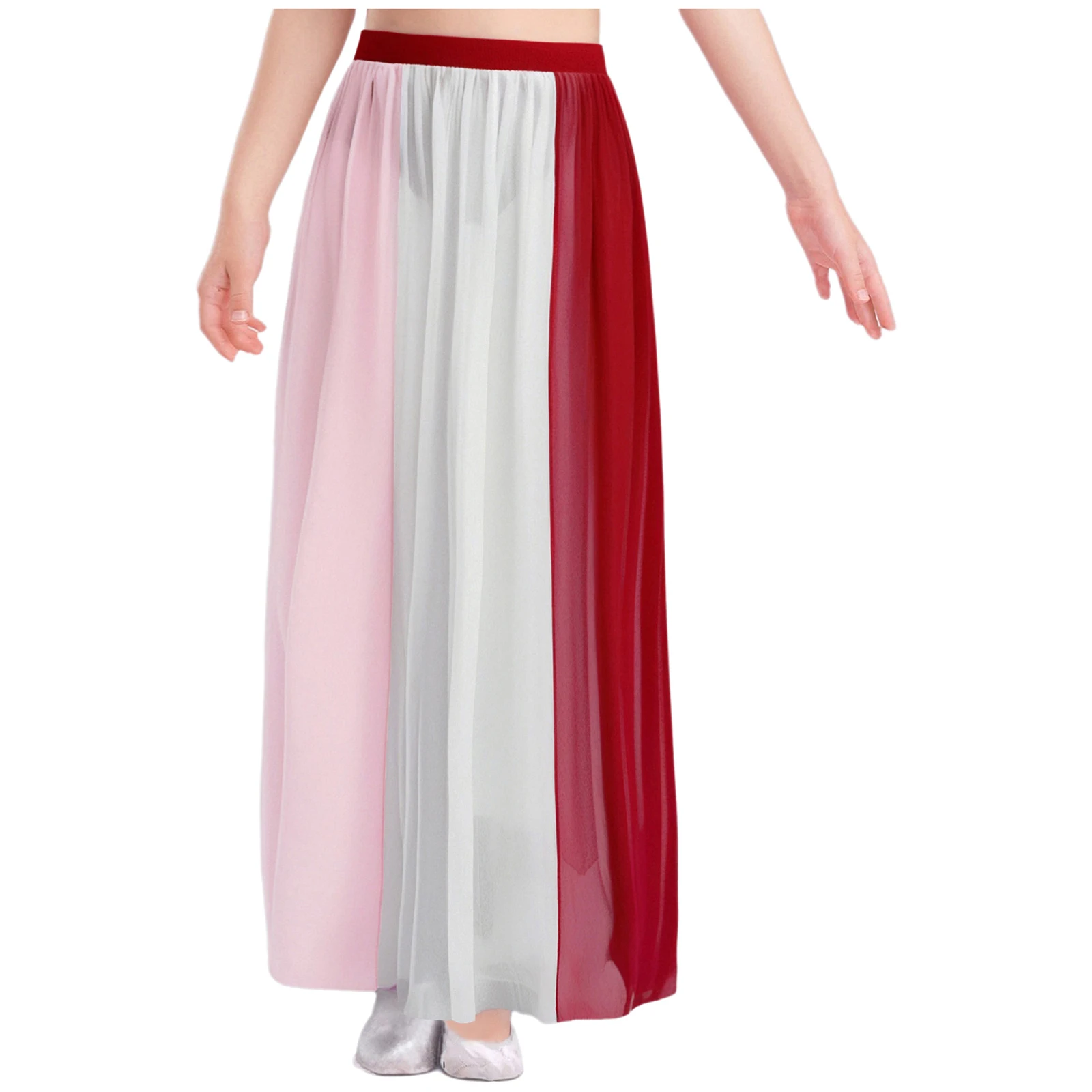 

Kids Girls Chiffon Skirt Modern Lyrical Dance Costume Elastic Waistband Color Block Split Flowy Long Skirt with Built-in Briefs
