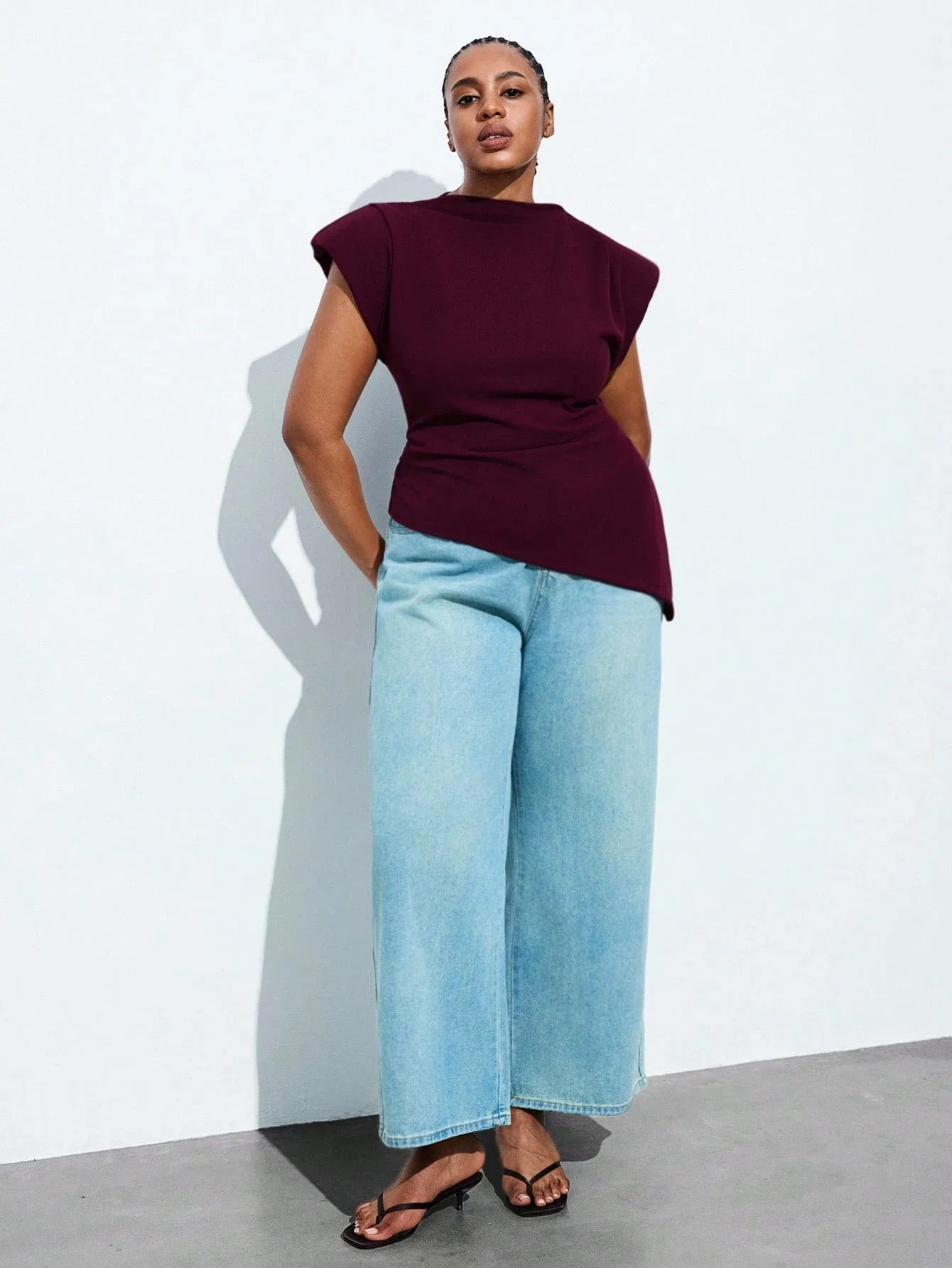 

Wine Red Plus Size Asymmetric Hem Tank Top With Gathered Detail Stretch Fabric