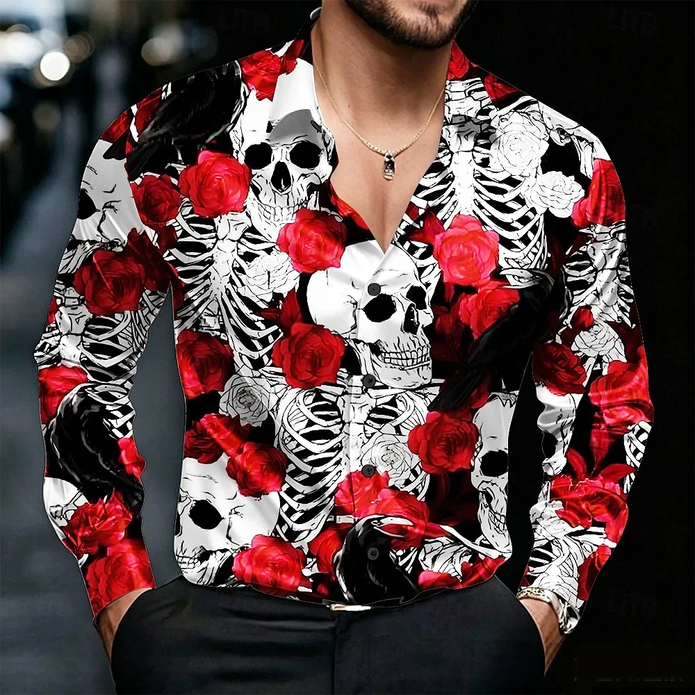 New Men's High-definition Skull Print Shirt, Long Sleeved Lapel Button Up Party Shirt, High-quality Satin Shirt for Street Men