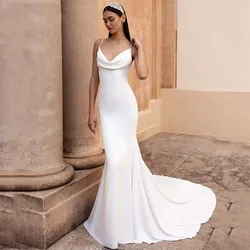 Simple Mermaid Wedding Dress White Satin Cowl Neck Sexy Spaghetti Strap Beach Bridal Gown Long Train Buttons Vestido de Novia