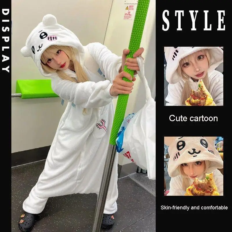 Japanese Anime Chiikawass Usagis Hachiwares Cartoon Loungewear Winter Thicken Hooded Lounge Clothes Cute Woman Nightgown Pajamas