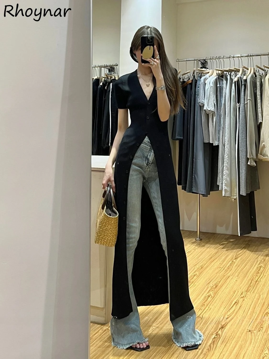 

Black Long Dress Women Summer Soft Front-slit Slim Chic V-neck Low-cut Sexy Knitwear Short-sleeve Gentle Leisure Temperament Ins