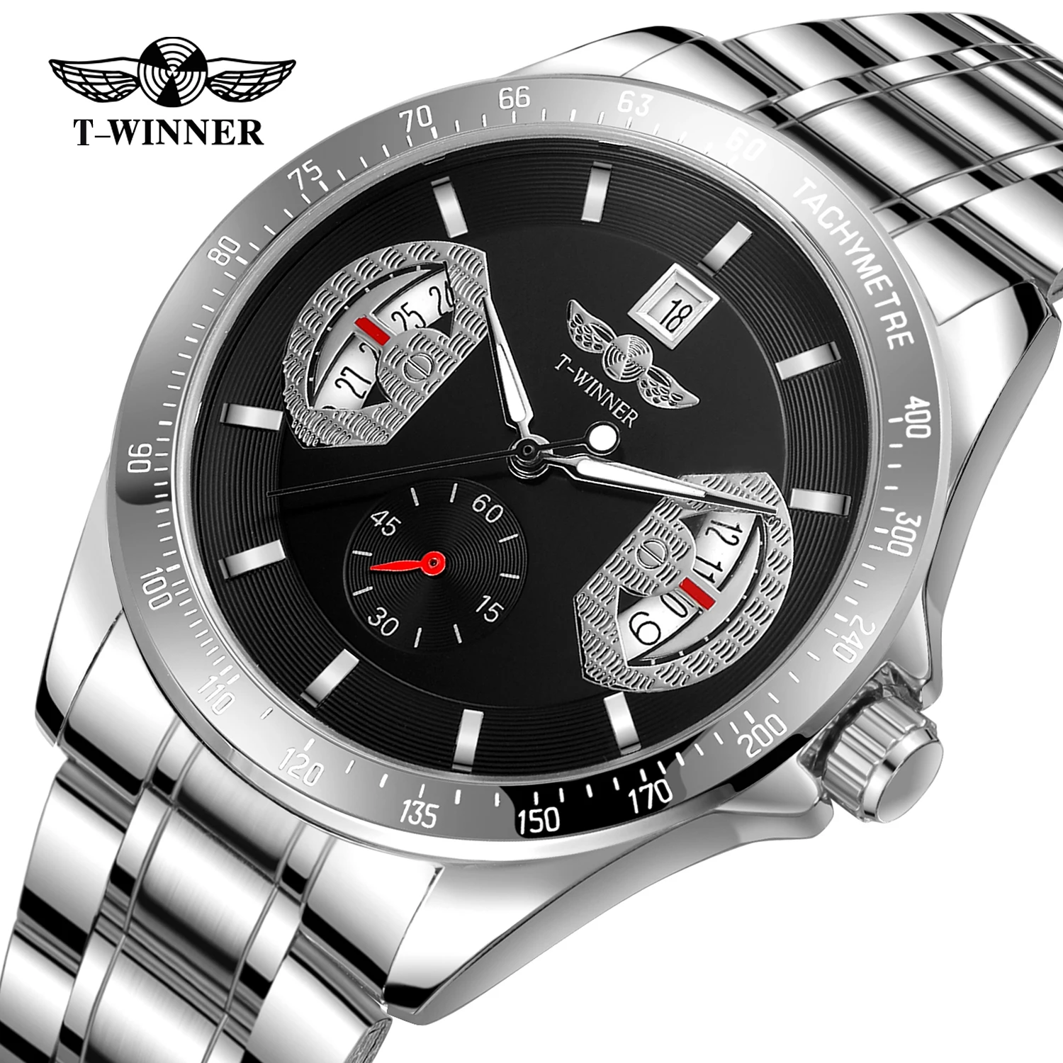 Winner DESIGN Luxury Three Dial Calendar GMT Mechanical Wristwatch Sport Stainless Steel 30M Waterproof Automatic Watch for Men