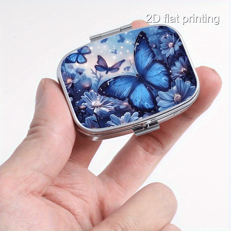 1PC Creative Blue Butterfly Pattern Printed Square Sealed Box, 2 Compartment Sealed Pill Box, Mini Portable Sealed Storage Box, Multi-Compartment Storage Box, Portable One-Day Small Sealed Box. Ideal gift for birthdays, parties, anniversaries, Christmas, Halloween, for family, friends, partners, and girlfriends