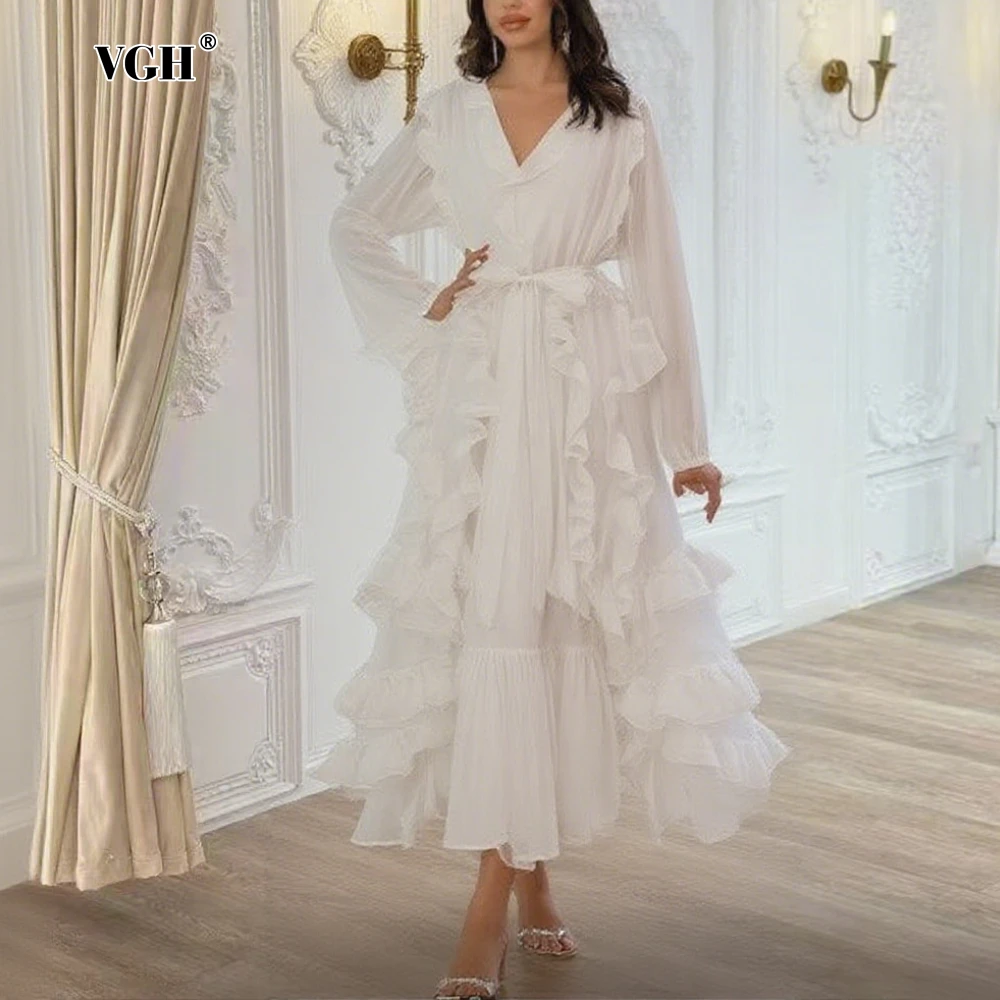 

VGH Solid Spliced Ruffles Dress for Women V Neck Puff Sleeve High Waist Patchwork Lace Up Casual Vacation Long Dresses Female