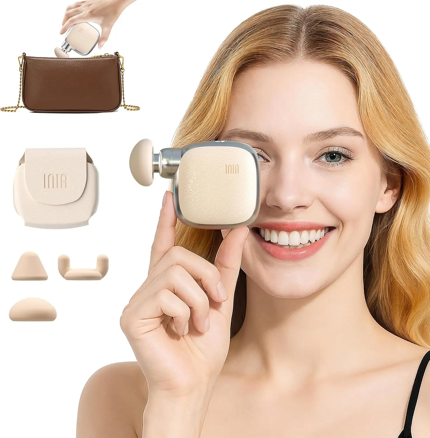 

Мини-массажный пистолет для перкуссионного массажа - на 75% меньше, мощный, для глубокого расслабления тканей, портативный, с кожаным чехлом и 3 насадками для путешествий