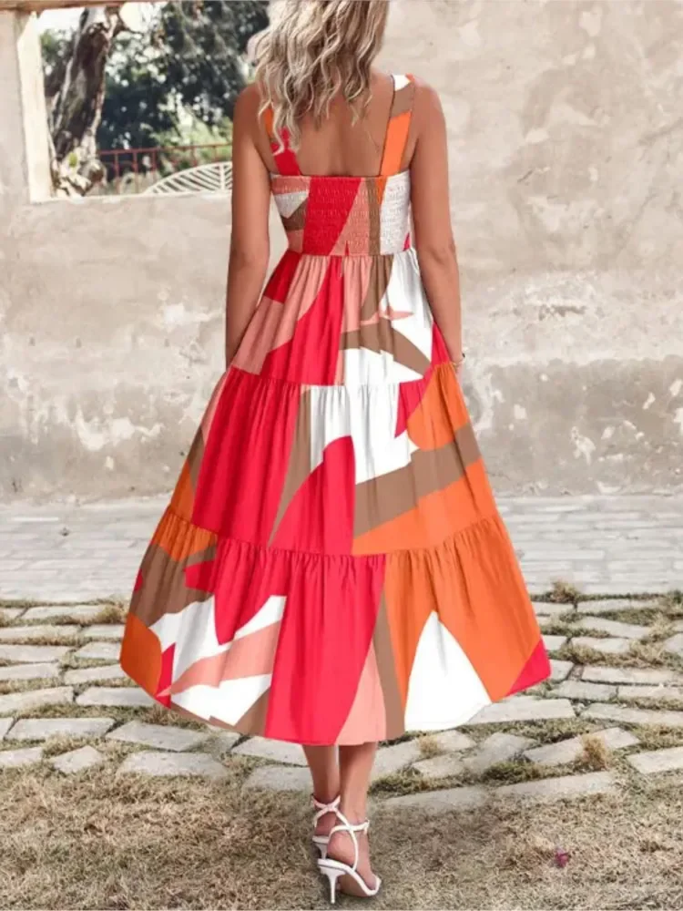 Robe longue amincissante pour femmes, motif Orange, col carré, large bretelles, chemise, taille à volants, robe de vacances, été, ligne a