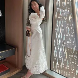 Customized Full Sleeve Lace Applique Prom Gown S A-line Handmade Flower Strapless Evening Dresses Elegant Party Dress Robe De So