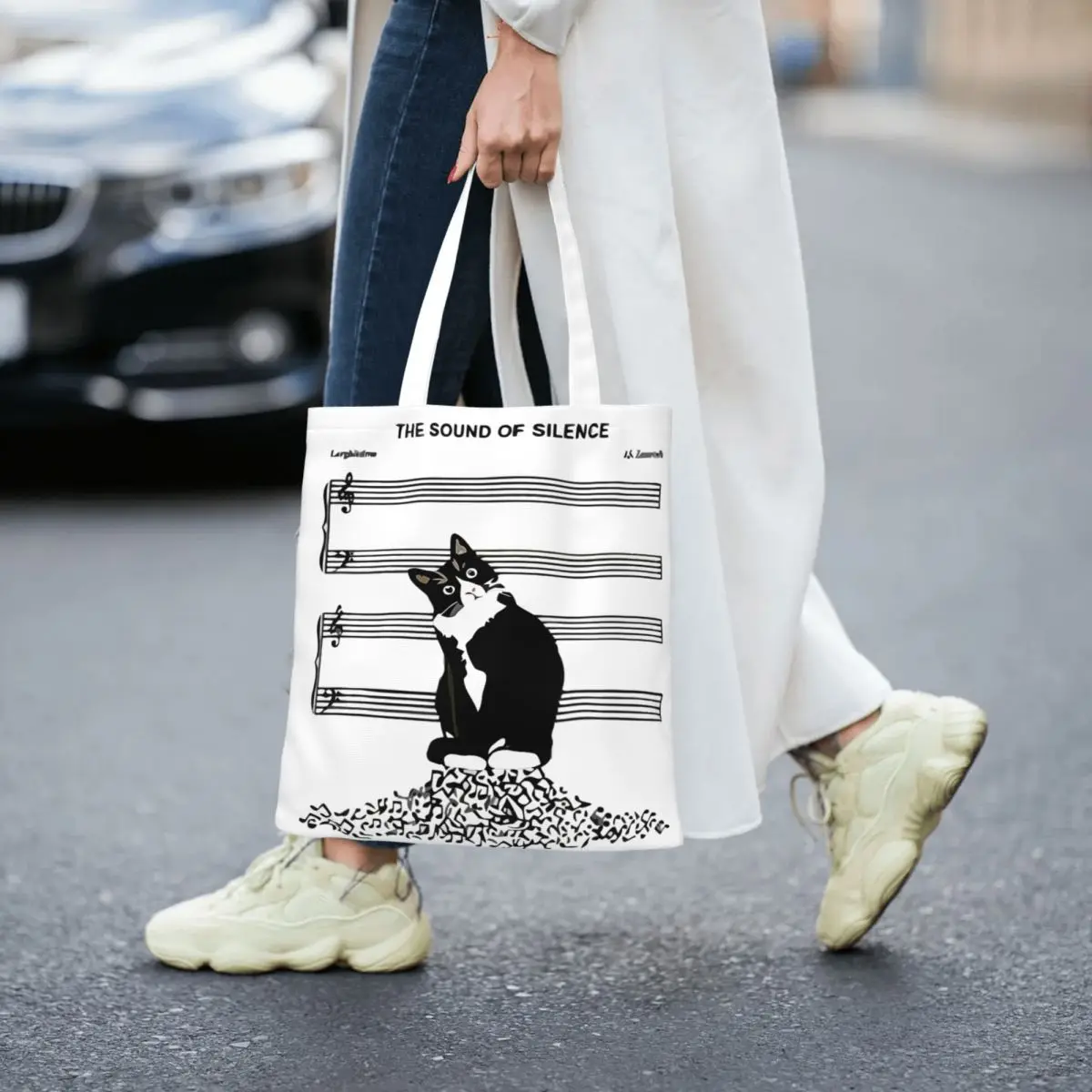 The Sound Of Silence Music And Cats Lover bolso de mano de lona, bolsa de compras de gran capacidad, moda Unisex, bolso de estudiante de gato Musical