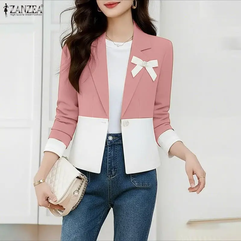 

Женский элегантный тонкий блейзер ZANZEA с цветовыми блоками, отложным воротником, бантом, длинными рукавами и одной пуговицей, весеннее пальто-пиджак для женщин