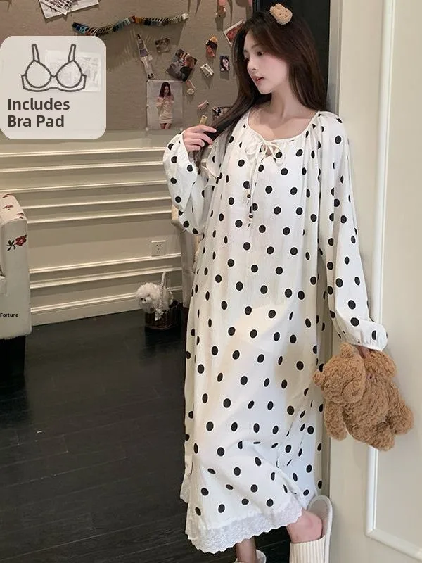 Korean Sweet Style Long Sleepwear Women's Spring Autumn Long Sleeve  Knot Ruffle Polka Dot Wearable Nightgown