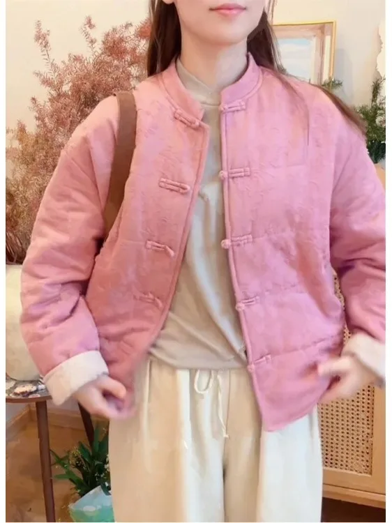 

Retro Chinese Sle Women's Cotton Jaet New Winter 2025 Warmth Embroidery Outerwear Coat Thiened Long Sve Stand Collar