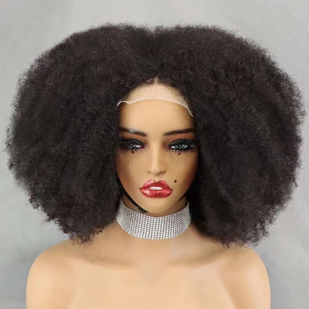 ความหนาแน่น 350% 4x4 ปิดลูกไม้ผมวิกผม Remy Human Hair BOB Wigs 12-16 นิ้วธรรมชาติ Kinky Afro CURLY ผมวิกผมสําหรับผู้หญิงสีดํา