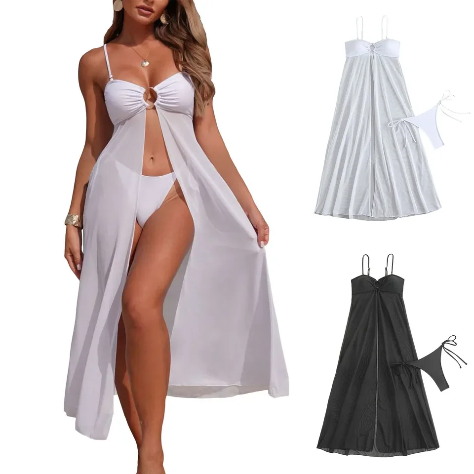 Split Bikini Cover Up Wrap Scarf Swimwear Women Gather Sexy Sling Backless Solid Split Swimsuit Top Cut Out Sexy Swimsuit