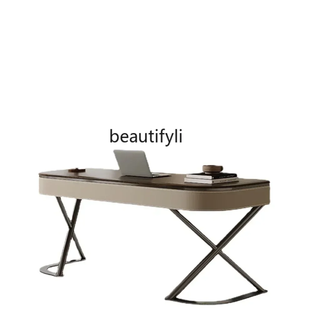 200302High-Grade Solid Wood Desk Modern Minimalist Study Desk Walnut Decorative Saddle Leather Computer Desk