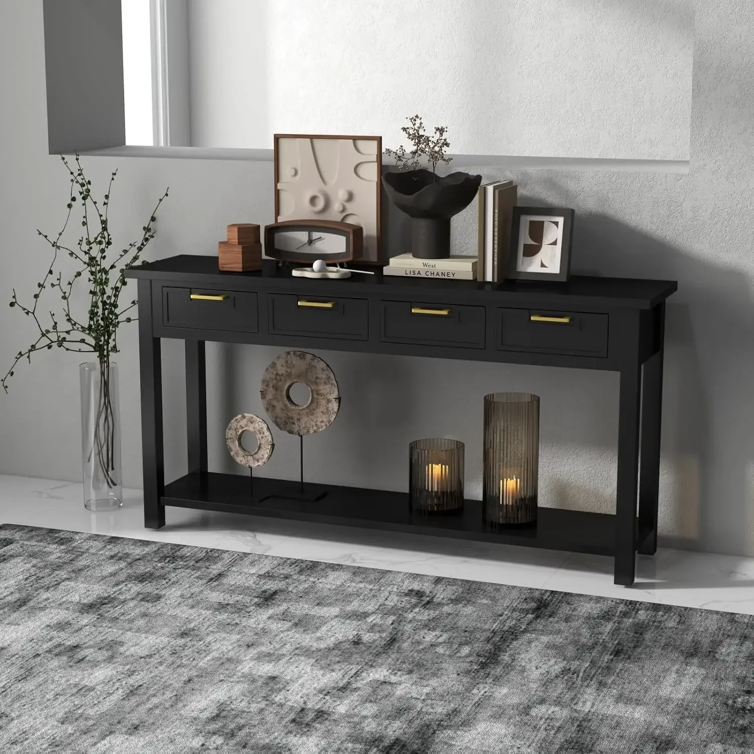 Console Table for Entryway - 60” Long Rustic Sofa Table with 4 Drawers and Storage Shelf, Black