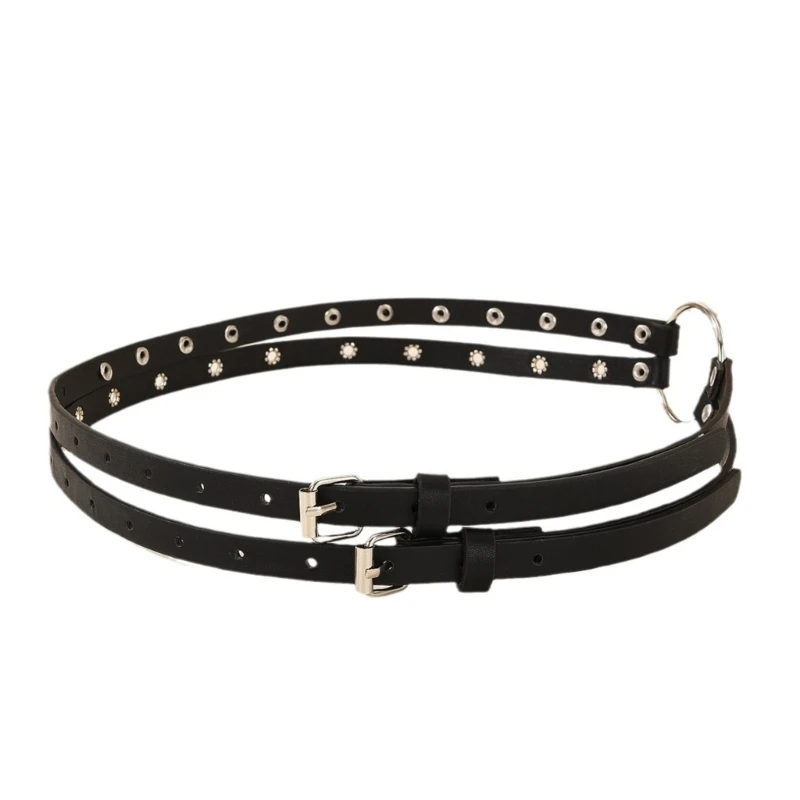 

Grommet Waist Belt Punk Double Skinny Chain for Cowboy Grunge Buckle Modern Waistband Waist Chain Studded Belt