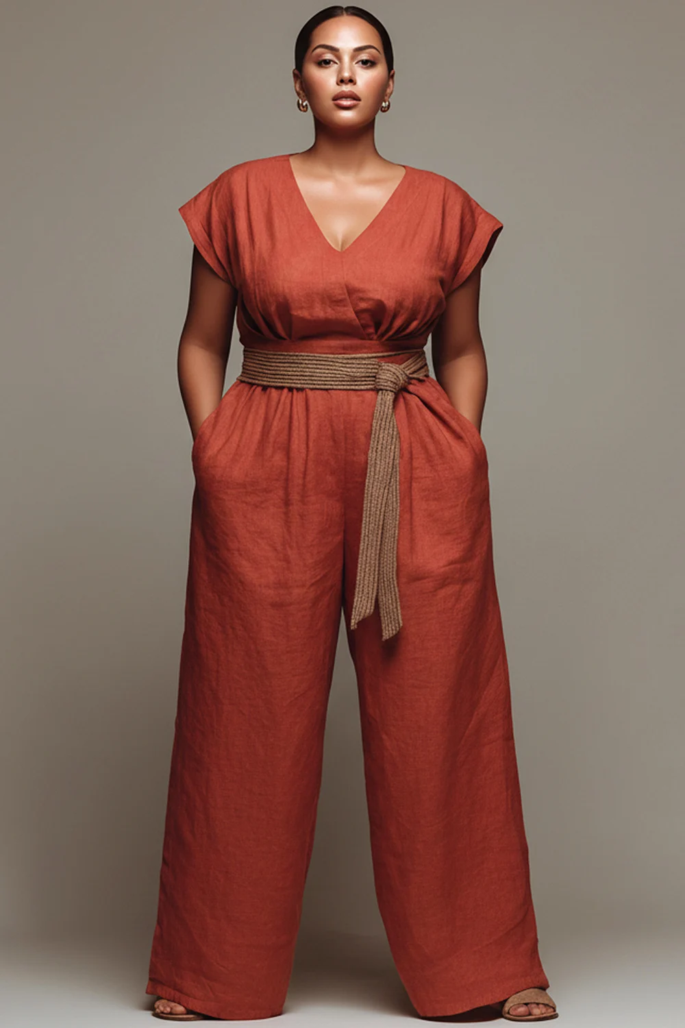 

Plus Size Vacation Orange V Neck Short Sleeve Pocket Wrap Linen Jumpsuits