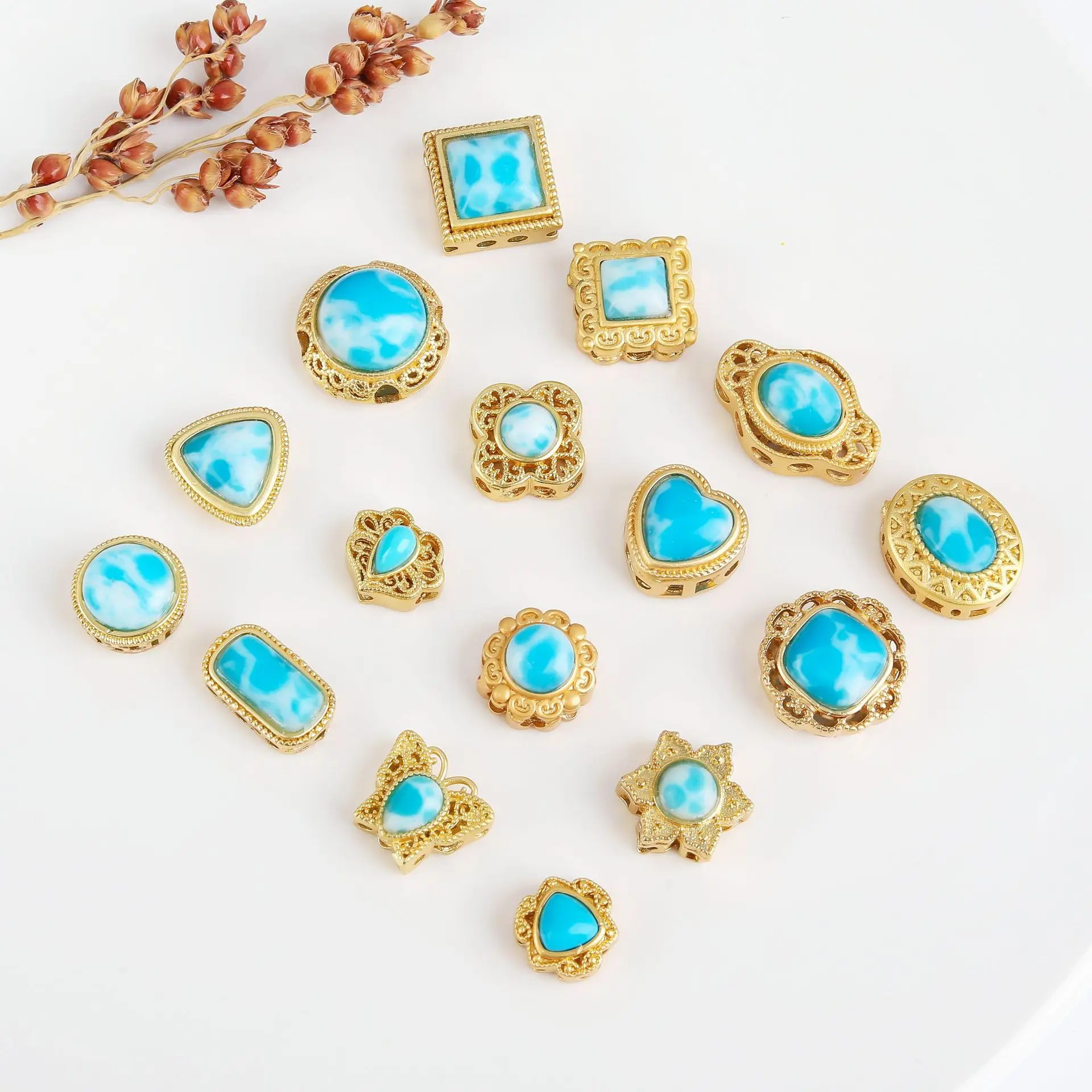 7pcs Copper Gold-plated Multi-pass Ring Inlaid Green Turquoise Spacer Beads Diy Bracelet Necklace Jewelry Accessories Wholesale