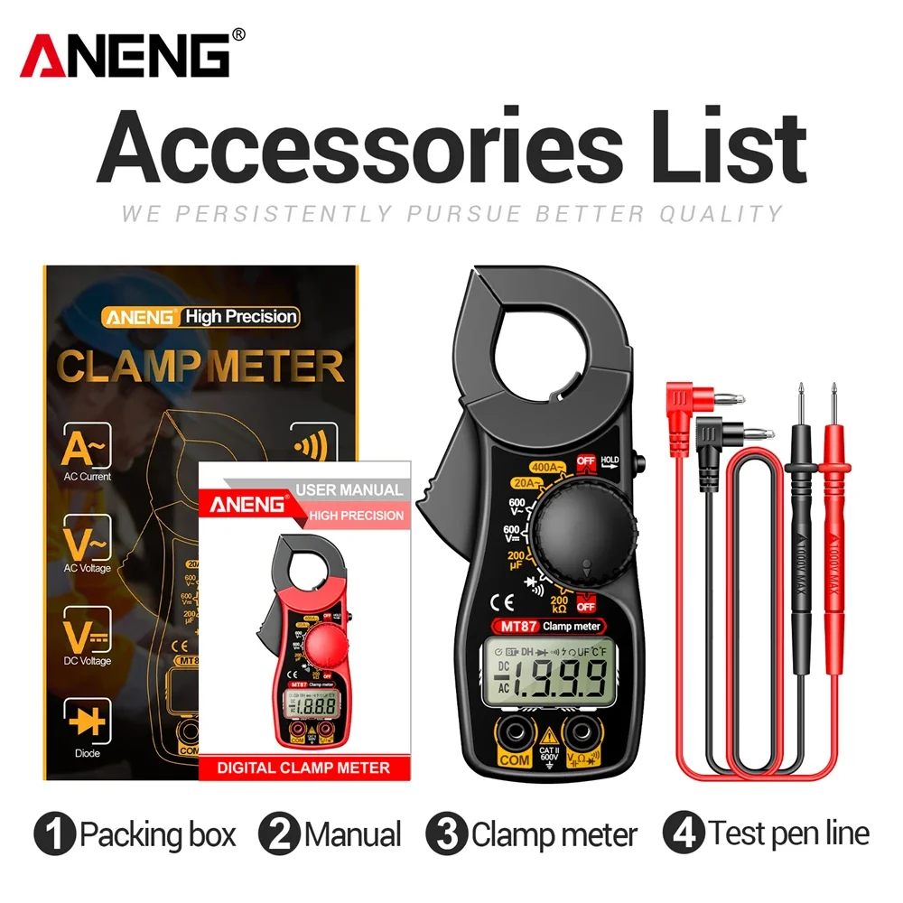 ANENG MT87 Digitale Clamp Multimeter LCD-scherm Gegevenshoudfunctie Zoemer Diode Test Laag Batterij Indicator Draagbaar Elektrisch Reparatiegereedschap