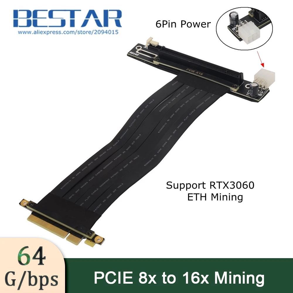 

PCIE 8x до 16x Удлинительный кабель для майнинга PCI-e x8 x16 адаптер Райзер x99 сервер RTX3060 мультикарта ETH Майнер стабильная большая мощность 6P