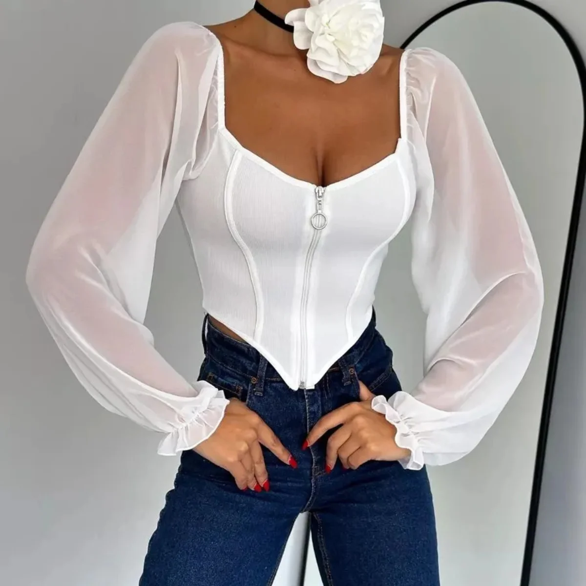 Square Collar Chiffon Tops Women Solid Color Lantern Sleeve Cardigan Zipper Go Out Wear Fit Camisole Sexy Vest Fashion Clubwear