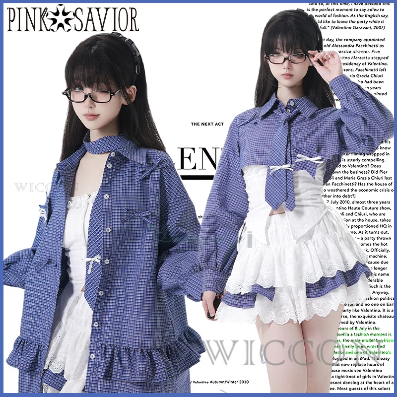 

2025 New Autumn Women Harajuku Fashion Outfits Blue Checkered Top Coat Mini Skirt Camisole Tie Full Set Cute Suit