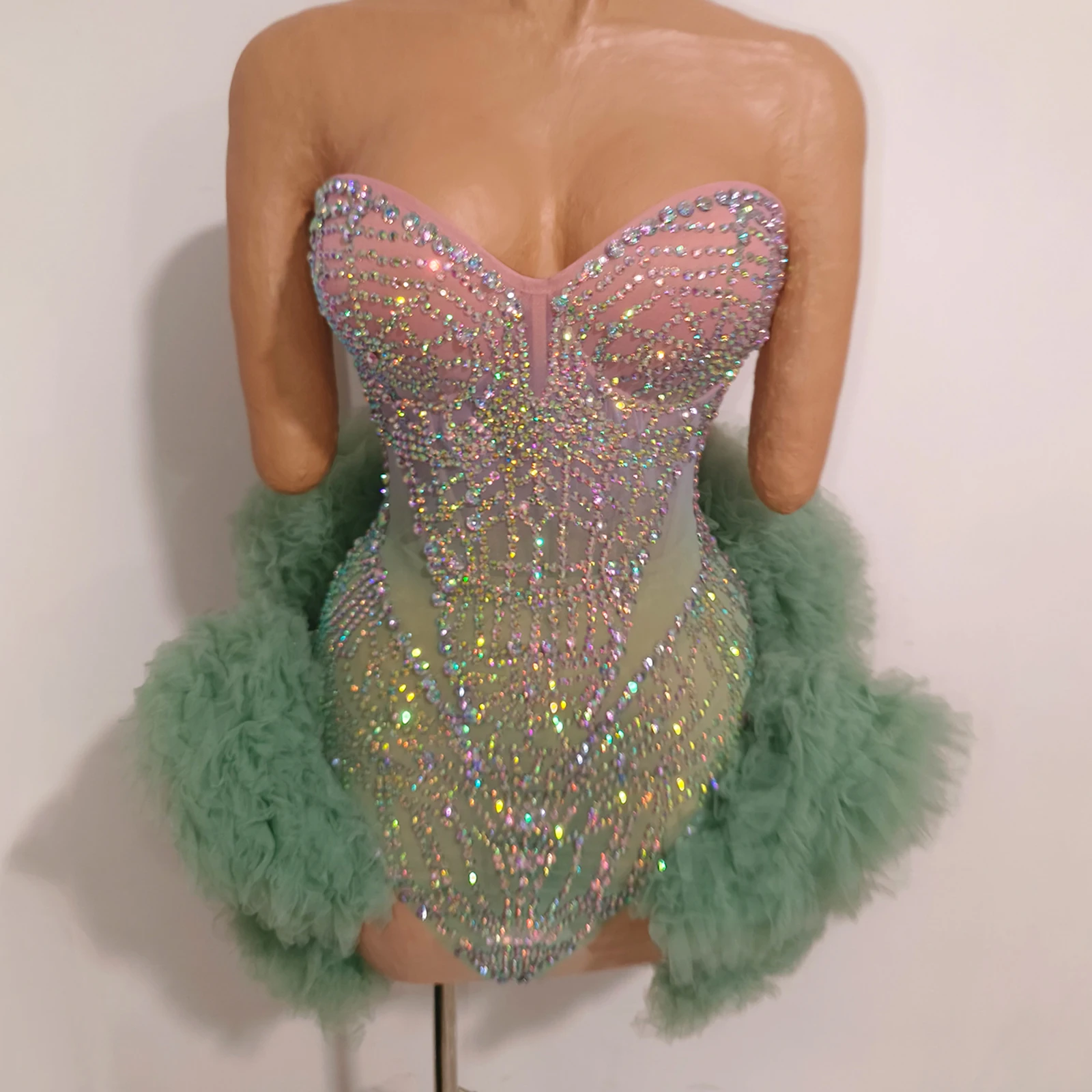 

Music Festival green Sparkly Rhinestones dress see thought party birthday outfit Valentine Celebrity stage costume Photoshoot