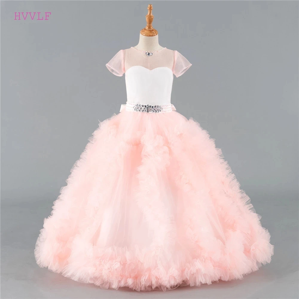 

Pink Flower Girl Dresses For Weddings Ball Gown Short Sleeves Tulle Ruffles Beaded Long First Communion Dresses Little Girl