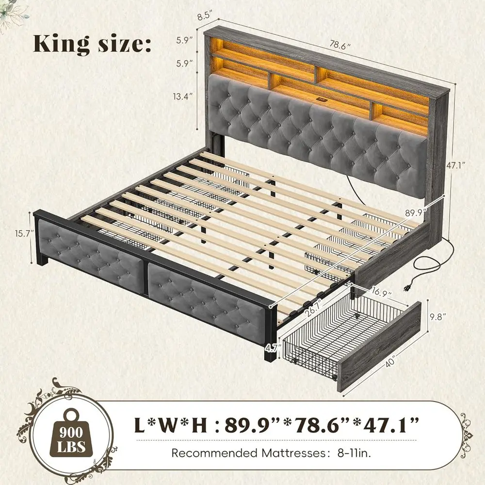 إطار سرير كينج رمادي مع لوح رأسي منجد، 4 أدراج، محطة شحن، أضواء LED، لا حاجة إلى صندوق زنبركي