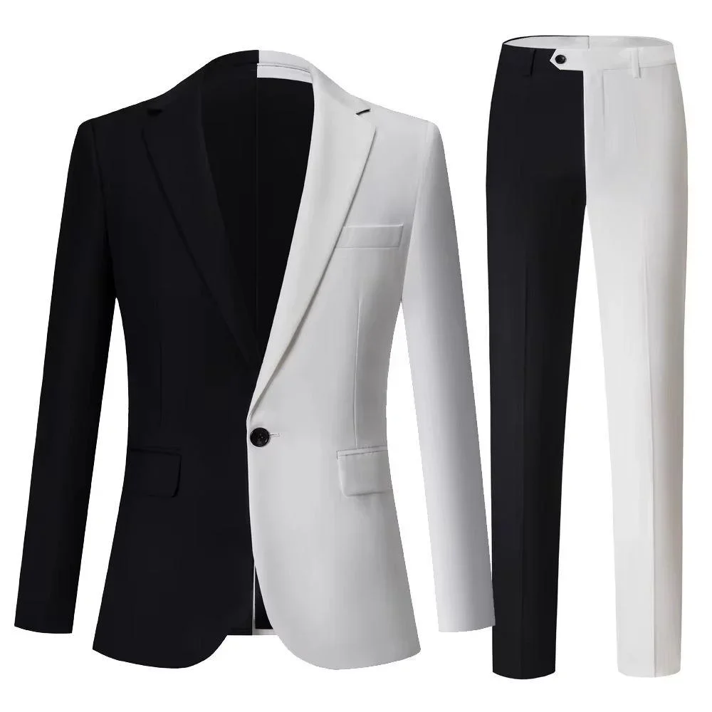 

2 Piece Black and White Outfit Set Male High Quality 2025 Solid Color Slim Fit Full Men's Suits and Blazers Fashion Pants Luxury