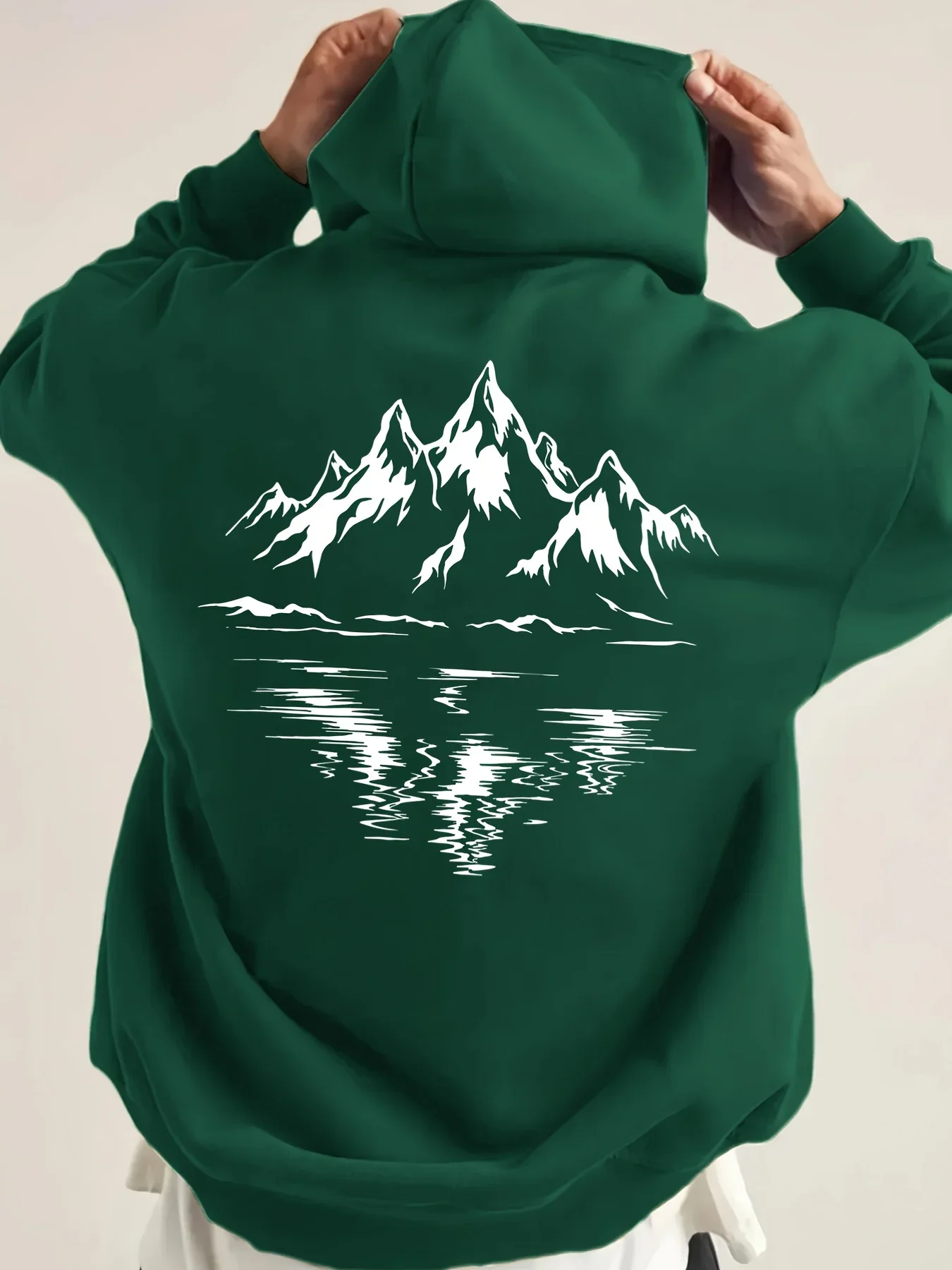 Men Street Hoodie Vintage Snow Mountain Lake Water Reflection Nature Scenery Back Print Hip‑hop Loose Fleece Pullover Sweatshirt