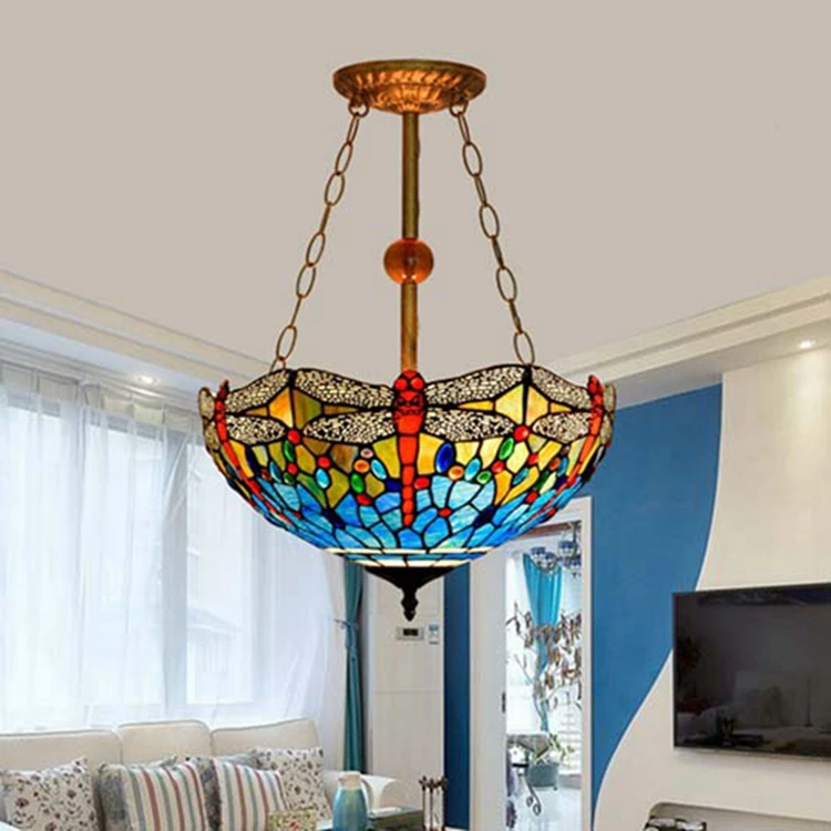 Imagem -04 - Tiffany Teto Luminária Vitral Libélula Semi Flush Mount Lamp Ampla Lâmpada de Montagem Amarelo e Azul 16 em