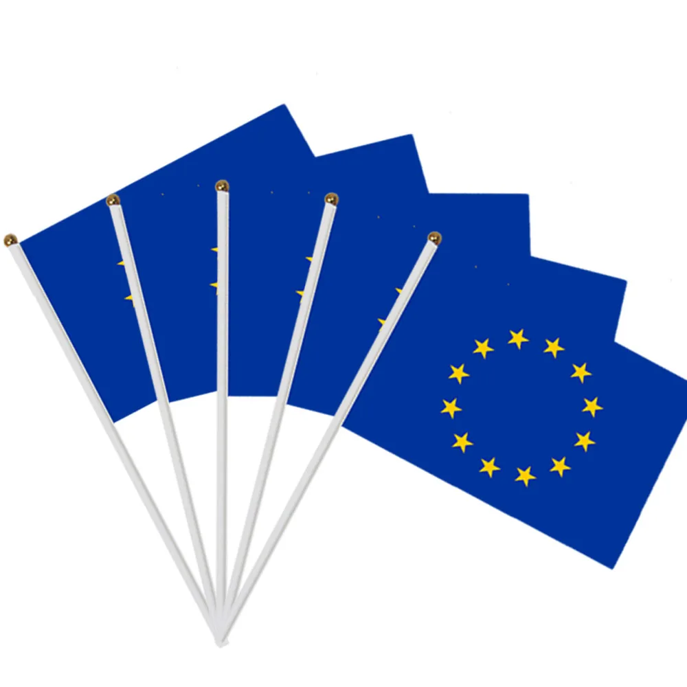5 قطعة علم الاتحاد الأوروبي الصغير 14*21 سنتيمتر علم الاتحاد الأوروبي اليد العلم الوطني مع القطب اليد يلوحون العلم #1