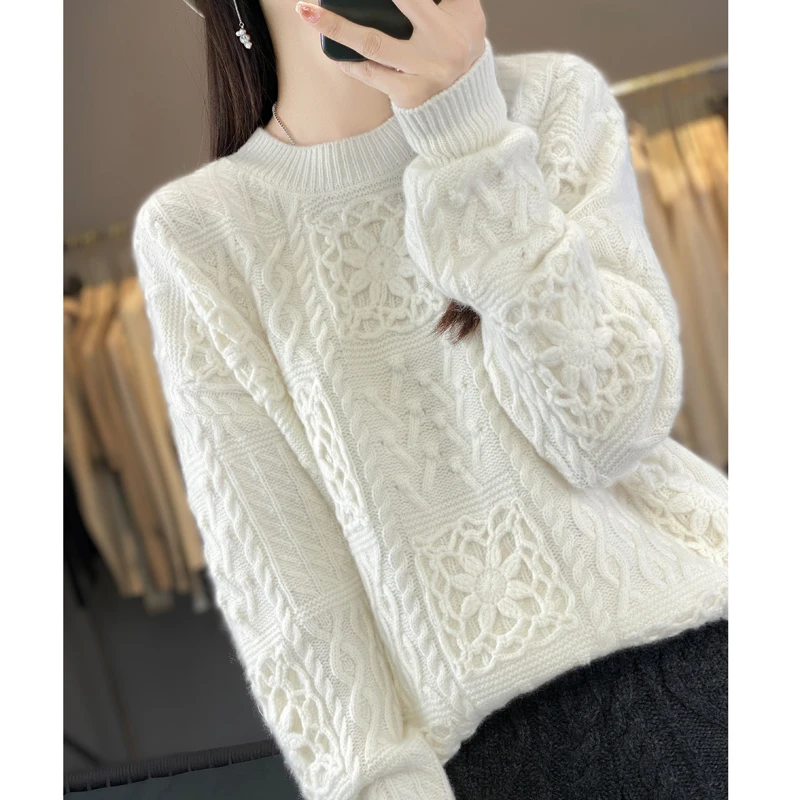 100% pure wool sweater women\'s round neck hook openwork knitted sweater loose lazy trend heavy wool bottoming shirt