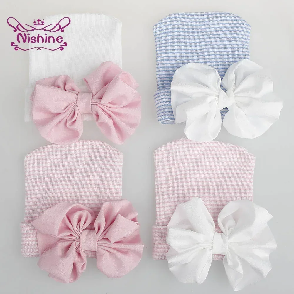 Nishine Newborn Baby Girl Chiffon Bowknot Hat Infant Big Bow Cap Kid Stripe Knitted Bonnet Toddler Hair Accessories Photo Props