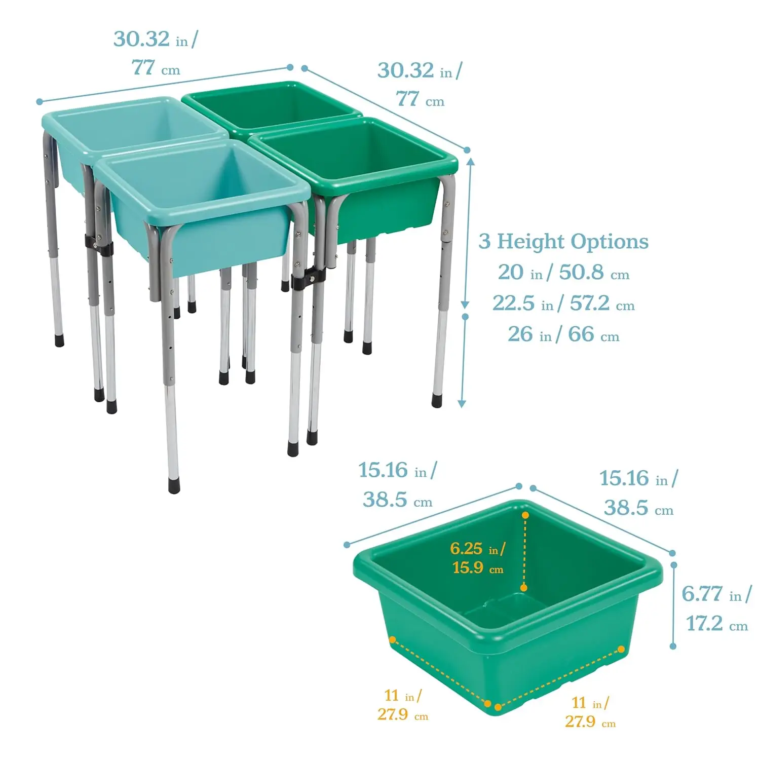 4-Station Sand and Water Adjustable Play Table, Sensory Bins, Seafoam/Emerald