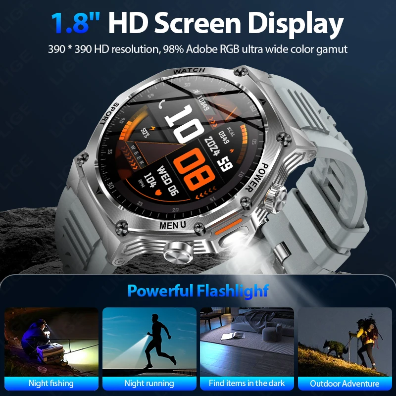 ساعة ذكية LIGE مزودة بمصباح يدوي مقاس 1.9 بوصة للرجال، ساعة رياضية خارجية، بطارية كبيرة 700 مللي أمبير، ساعة ذكية مزودة ببلوتوث وإضاءة LED