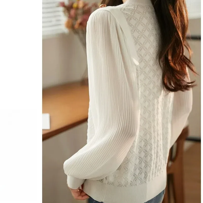 Solid Color Pullover Lantern Long Sleeve Chiffon Patchwork Button T-shirt Casual Elegant Fashionable Women\'s Spring Autumn Tops