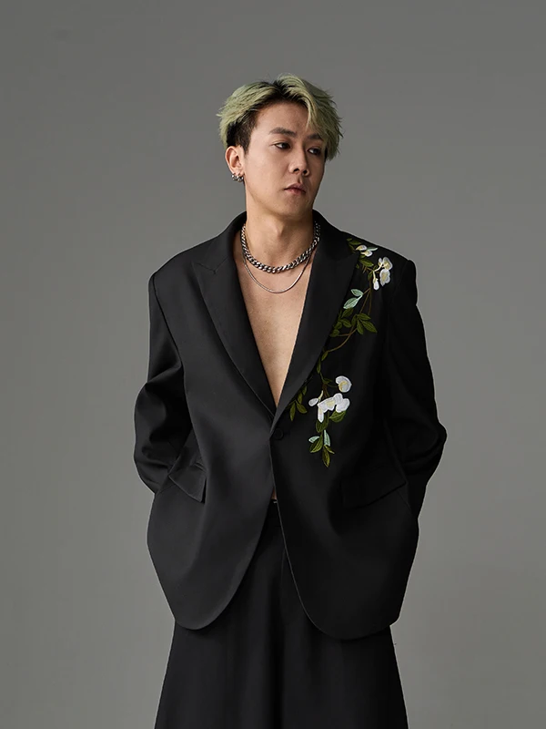

adual Embroidery Tea Flower Men's Casual Suit Jaet Single Button Loose ex Long Sve Faionable Autumn Outerwear
